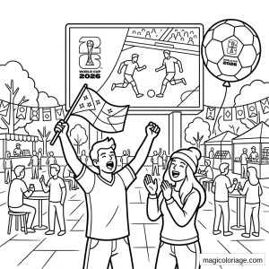 Coloriage Coupe du monde 2026 avec supporters, écran géant, drapeau et ballon en fan zone