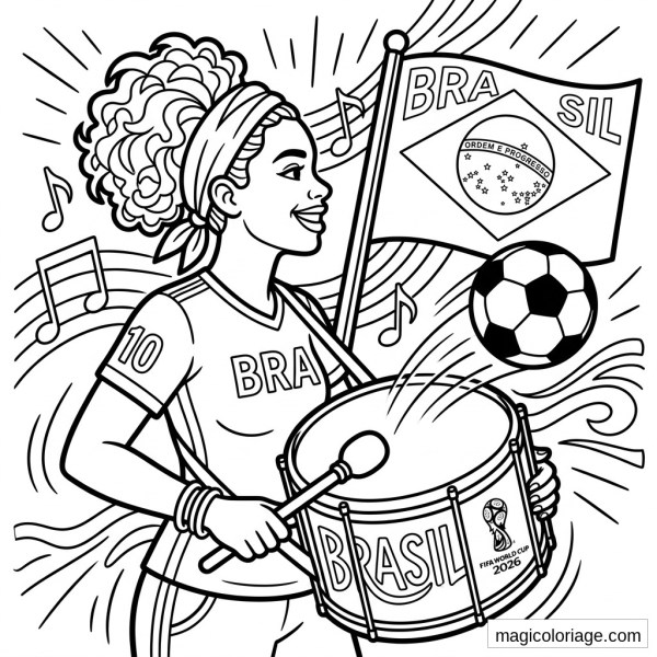 Coloriage Coupe du monde 2026 avec supportrice du Brésil, tambour, drapeau brésilien et ballon de foot