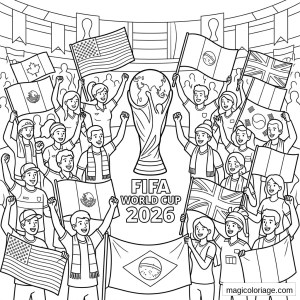 Coloriage Coupe du monde 2026 avec trophée, supporters et drapeaux internationaux dans un stade
