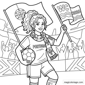 Coloriage Coupe du monde 2026 supportrice du Portugal avec ballon, drapeaux et tribunes