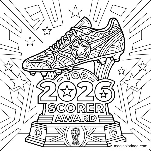 Coloriage Coupe du monde 2026 avec chaussure de foot, trophée Top Scorer Award, étoiles et rayons
