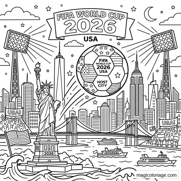Coloriage Coupe du monde 2026 USA avec ballon, Statue de la Liberté, skyline, pont de Brooklyn et supporters