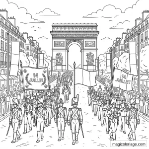 Coloriage militaire du défilé du 14 Juillet sous l’Arc de Triomphe à Paris