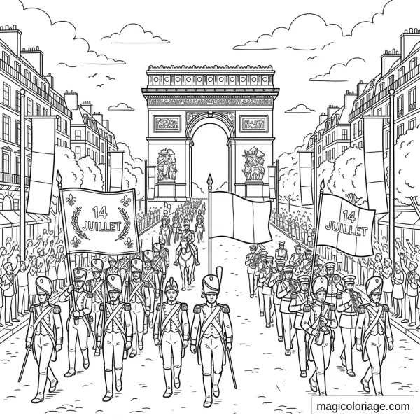Coloriage militaire du défilé du 14 Juillet sous l’Arc de Triomphe à Paris