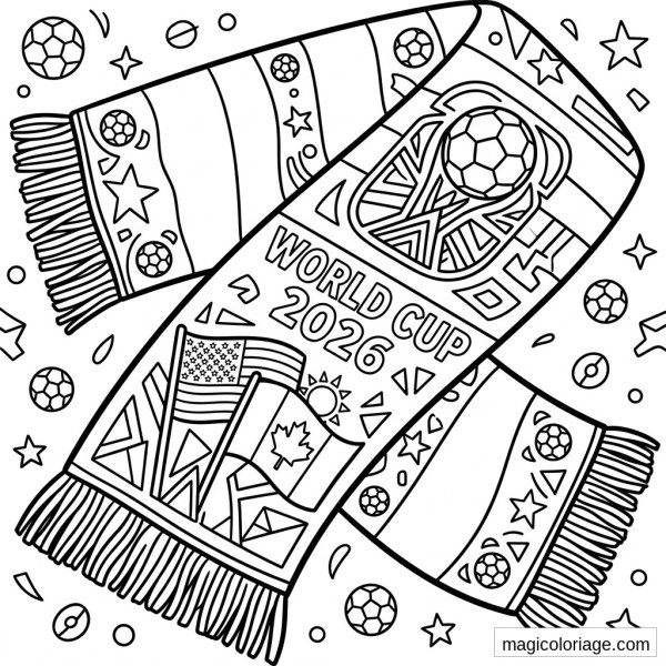 Coloriage Coupe du monde 2026 avec écharpe de supporter, ballons, étoiles et drapeaux USA Canada
