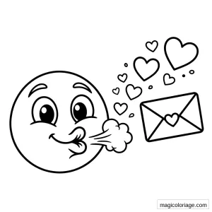 Coloriage emoji qui souffle une lettre d’amour avec enveloppe, cœur et petits cœurs volants