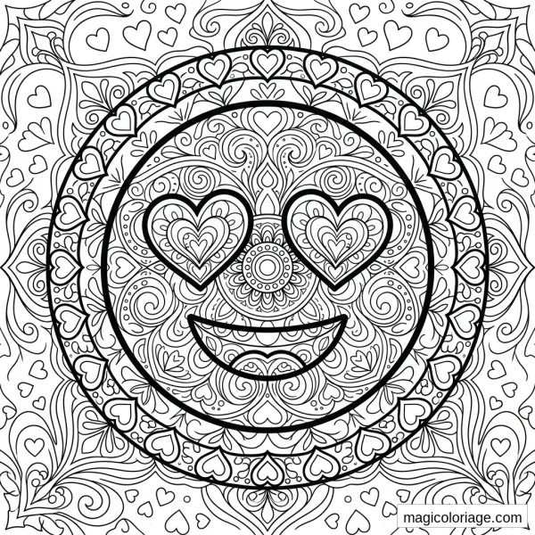 Coloriage emoji amoureux avec yeux en cœur, sourire et motifs mandala remplis de petits cœurs
