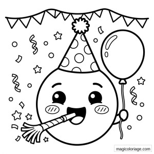 Coloriage emoji anniversaire avec chapeau de fête, ballon, trompette, guirlande et confettis
