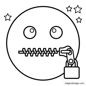 Coloriage emoji bouche fermée par fermeture éclair avec yeux ronds, curseur détaillé et étoiles