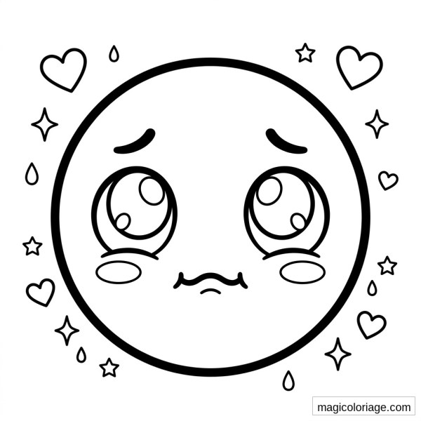 Coloriage emoji ému aux grands yeux brillants avec cœurs, étoiles et gouttes à imprimer