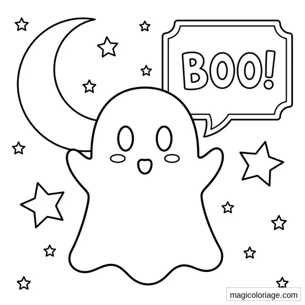 Coloriage emoji fantôme avec lune, étoiles et bulle BOO à imprimer