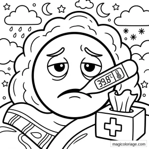 Coloriage emoji malade avec thermomètre à 39,6 °C, couverture, mouchoirs, nuages, lune et étoiles