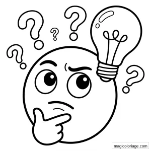 Coloriage emoji pensif avec main au menton, points d’interrogation et ampoule d’idée