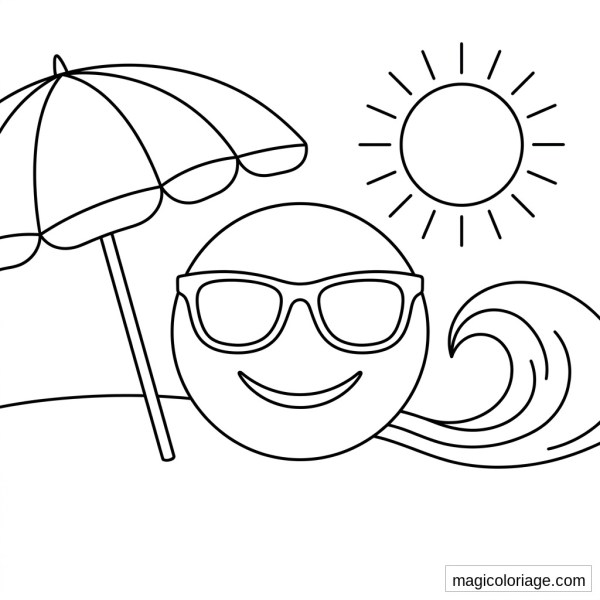 Coloriage emoji plage avec lunettes de soleil, parasol, soleil et vague à imprimer