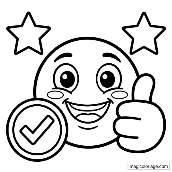 Coloriage emoji sourire avec pouce levé, coche dans un badge et deux étoiles