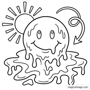 Coloriage emoji qui fond au soleil avec flaque, coulures et flèche de chaleur