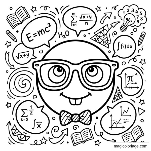 Coloriage emoji savant avec lunettes, nœud papillon, formules de maths, livres et ampoule