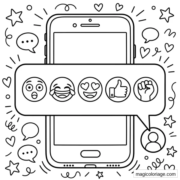 Coloriage emoji avec smartphone, réactions, bulles de chat, cœurs et étoiles à imprimer