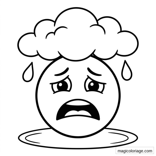 Coloriage emoji inquiet sous un nuage de pluie avec gouttes et flaque