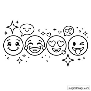 Coloriage emoji avec visages souriants, rire, yeux en cœur, clin d’œil, bulles, cœurs et étoiles