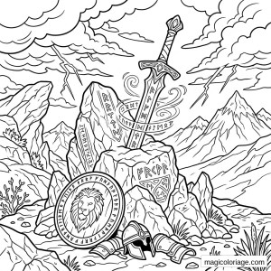 Coloriage heroic fantasy avec épée runique, bouclier au lion, casque et montagnes sous l’orage