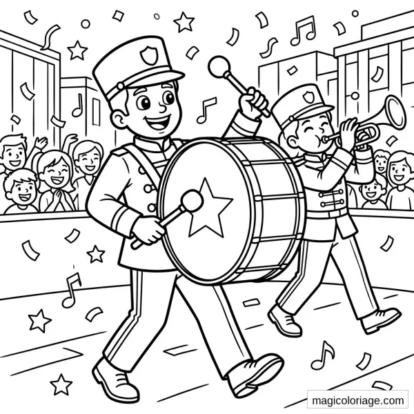 Coloriage militaire de fanfare avec tambour, trompette, foule, confettis et notes de musique