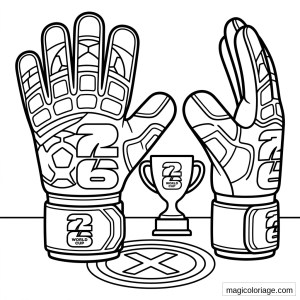 Coloriage Coupe du monde 2026 avec gants de gardien, trophée et logos 26 World Cup
