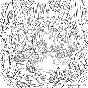 Coloriage paysage fantastique avec grotte de cristaux, lac souterrain, stalactites et escalier en pierre