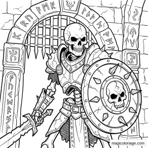 Coloriage heroic fantasy guerrier squelette en armure avec bouclier crâne, épée et porte runique