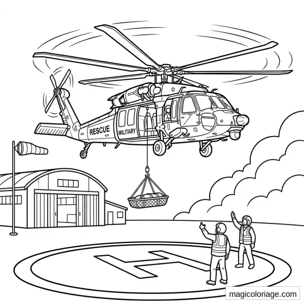 Coloriage hélicoptère militaire de secours avec panier suspendu, soldats, hangar et piste d’atterrissage