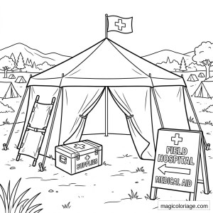 Coloriage militaire d’un hôpital de campagne avec tente, croix médicale, civière, caisse et panneau d’aide