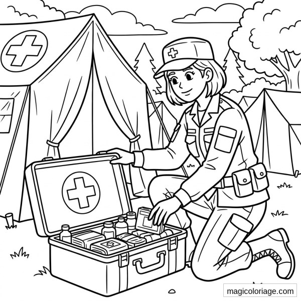 Coloriage infirmière militaire avec mallette de secours ouverte devant des tentes de camp
