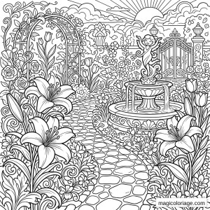 Coloriage paysage fantastique avec fontaine, statue, portail, arche fleurie et chemin pavé dans un jardin