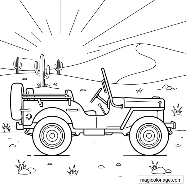 Coloriage jeep militaire dans le désert avec cactus, dunes, rochers et grands rayons de soleil