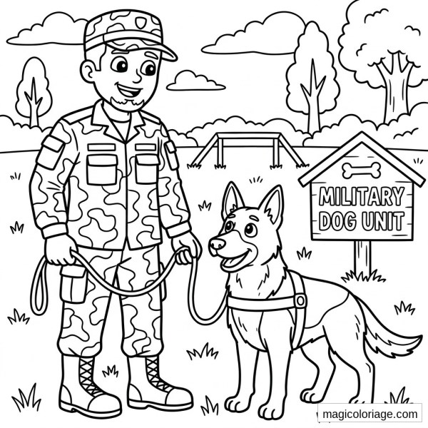 Coloriage militaire avec maître-chien, berger allemand en laisse et panneau Military Dog Unit