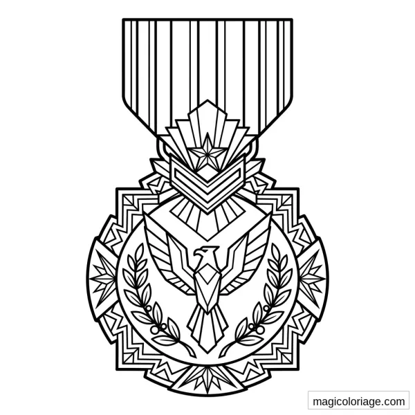 Coloriage médaille militaire avec aigle, ruban, lauriers, étoile et motifs géométriques