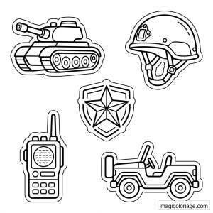 Coloriage militaire avec char, casque, talkie-walkie, jeep et insigne étoilé