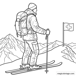 Coloriage militaire de montagne à skis avec sac à dos, bâtons, sommets alpins et drapeau suisse