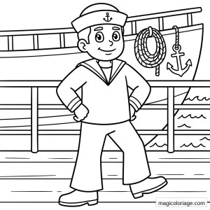 Coloriage militaire d’un jeune marin sur le pont d’un bateau avec bouée, ancre et vagues