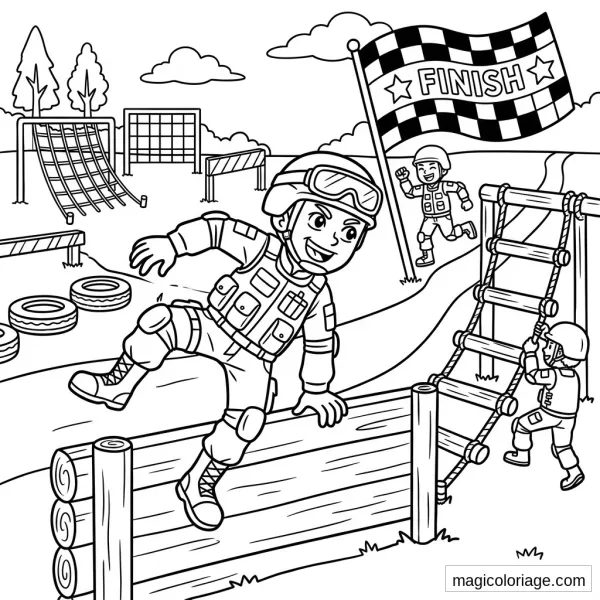 Coloriage militaire d’enfants sur un parcours d’obstacles avec palissade, pneus, corde et drapeau finish