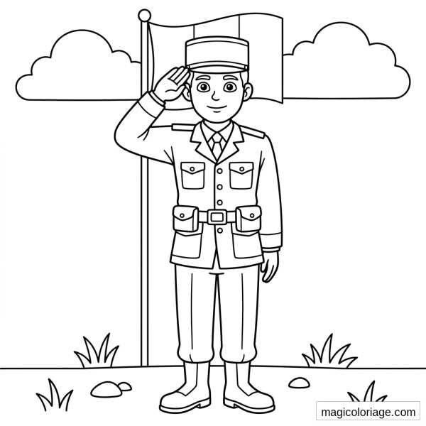 Coloriage militaire avec soldat saluant devant un drapeau, nuages, herbe et cailloux