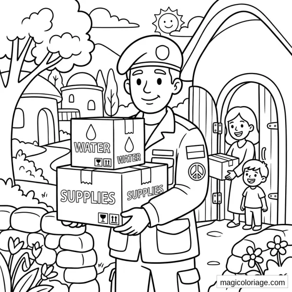 Coloriage militaire d’un soldat livrant eau et provisions à une famille dans un village