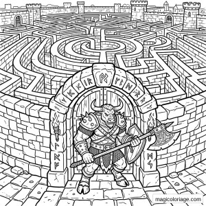 Coloriage heroic fantasy avec minotaure armé devant un labyrinthe de château et des runes