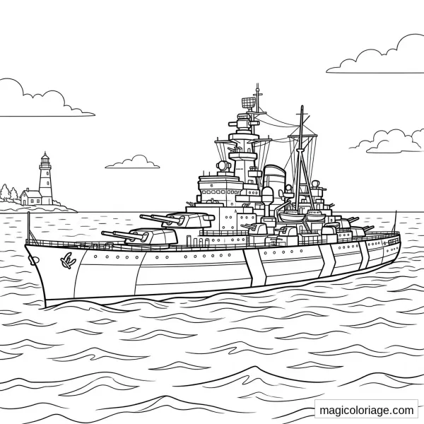 Coloriage navire militaire en mer avec canons, mâts, antennes, vagues et phare sur la côte