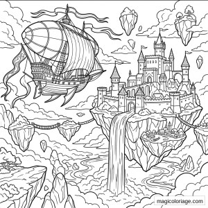 Coloriage heroic fantasy avec navire volant, château flottant, îles suspendues et cascade