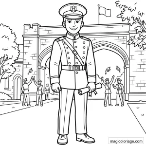 Coloriage militaire d’un officier diplômé devant une arche avec cadets, drapeau et uniforme de cérémonie