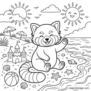 Coloriage panda roux à la plage avec château de sable, coquillages, parasols, vagues et soleils
