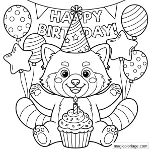 Coloriage panda roux anniversaire avec cupcake, bougie, chapeau de fête, ballons et message Happy Birthday