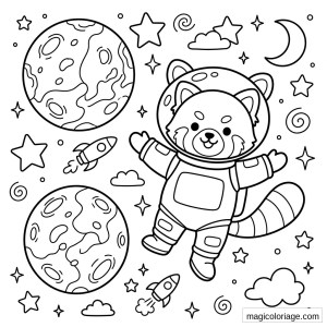 Coloriage panda roux astronaute dans l’espace avec planètes, fusées, étoiles et lune