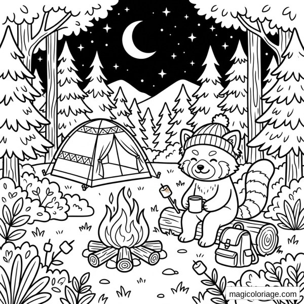 Coloriage panda roux au camping avec feu de camp, tente, sapins, lune et guimauves